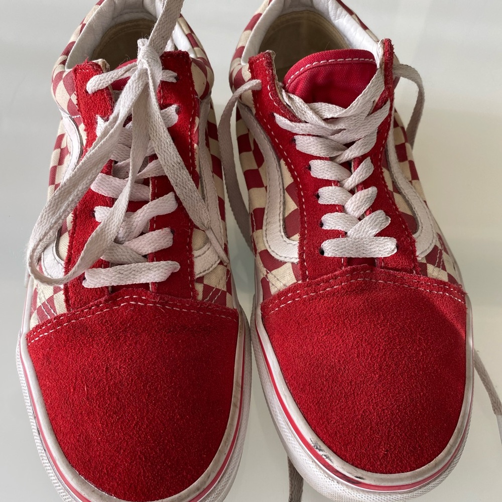Red and White Checker lace up Vans. Men's 5.5 woman's 7